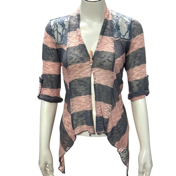 Arizona Jean Co. Sweaters - CCC Striped Lace Back Open Cardigan Roll Up Sleeves Waterfall Hem Size Medium